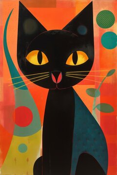 Stylized cute black cat  vibrant colors kitsch mid century modern art abstract background. Generative ai.