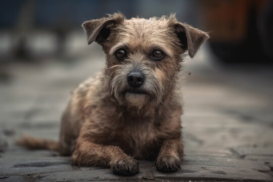 little brown dog on asphalt. Image of a shelter pet. Generative AI