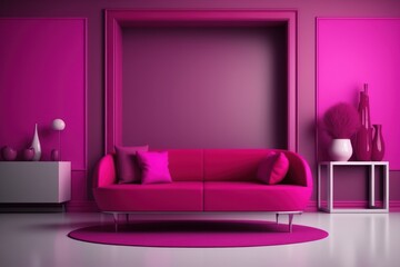 Minimalistic bedroom Background in trendy luxury viva magenta tone. Generative ai.