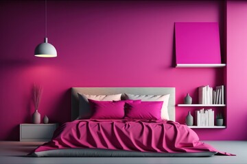 Minimalistic bedroom Background in trendy luxury viva magenta tone. Generative ai.