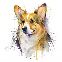 portrait of corgi dog, color pop art watercolor illustration, colorful, Dog portrait, generative ai.