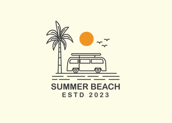 beach view with palm trees and car surfboard in mono line art, patch badge design, emblem design, T-Shirt Design