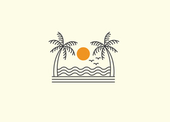 beach scene with palm trees in mono line art, patch badge design, emblem design, T-Shirt Design
