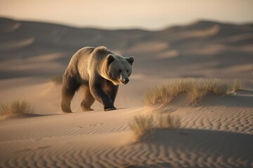 Rare Gobi Bear Roaming the Vast Mongolian Desert, created with Generative AI technology