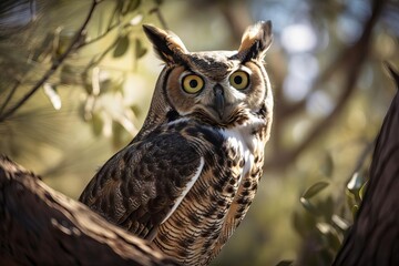 Obraz premium Mysterious Great Horned Owl Perched in the Moonlit Forest, created with Generative AI technology