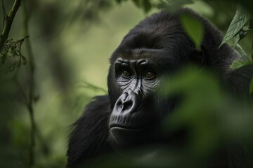 Gentle Mountain Gorilla Amid the Lush Forests of Central Africa, created with Generative AI technology