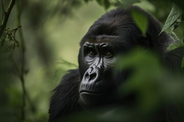 Obraz premium Gentle Mountain Gorilla Amid the Lush Forests of Central Africa, created with Generative AI technology