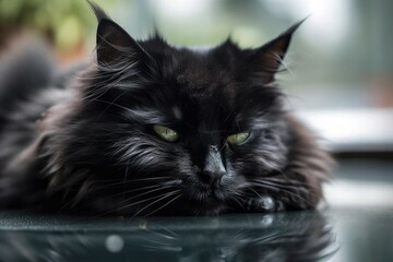 Beautiful fluffy black cat with reflection is sleeping on glass table. Generative AI