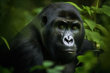 Obraz premium Gentle Mountain Gorilla Amid the Lush Forests of Central Africa, created with Generative AI technology