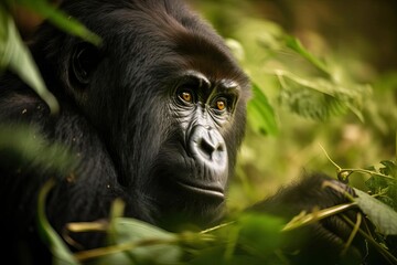Gentle Mountain Gorilla Amid the Lush Forests of Central Africa, created with Generative AI technology