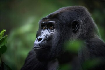 Gentle Mountain Gorilla Amid the Lush Forests of Central Africa, created with Generative AI technology
