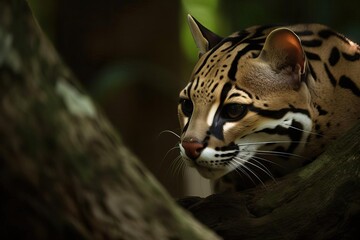 Enigmatic Ocelot in the Dense Central American Rainforest, created with Generative AI technology