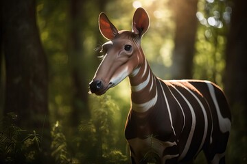 Exotic Okapi Browsing in the Dense Congo Rainforest, created with Generative AI technology