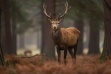 Graceful Reed Deer Grazing in the European Woodlands, created with Generative AI technology
