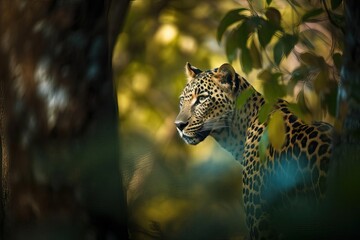 Elusive Sri Lankan Leopard Stalking in the Dense Forests, created with Generative AI technology
