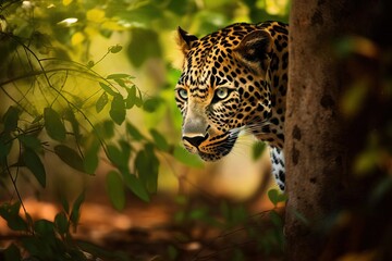 Elusive Sri Lankan Leopard Stalking in the Dense Forests, created with Generative AI technology