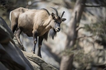 Impressive Takin Navigating the Rugged Himalayan Mountains, created with Generative AI technology