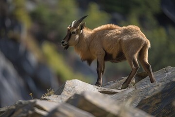 Impressive Takin Navigating the Rugged Himalayan Mountains, created with Generative AI technology