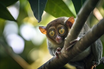 Enthralling Tarsier Staring Intensely in the Southeast Asian Jungle, created with Generative AI technology