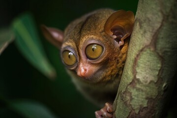 Fototapeta premium Enthralling Tarsier Staring Intensely in the Southeast Asian Jungle, created with Generative AI technology