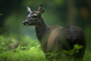 Elegant Tufted Deer Grazing in the Asian Mountain Forests, created with Generative AI technology