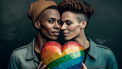 Affectionate young multiethnic lesbian couple proudly displaying a rainbow-colored LGBT heart. Symbol of love, diversity, and acceptance in the LGBTIQ+ community. Generative AI.