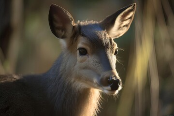 Elegant Tufted Deer Grazing in the Asian Mountain Forests, created with Generative AI technology
