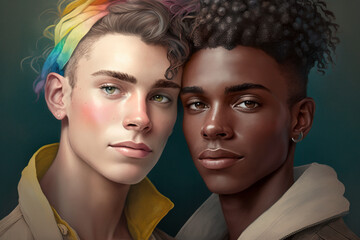 Captivating portrait of a affectionately young multiethnic gay couple proudly displaying their rainbow-colored hair. Symbol of love, diversity, and acceptance in the LGBT community. Generative AI.