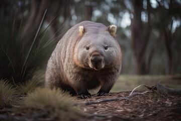 Fototapeta premium Endearing Wombat Burrowing in the Australian Bushland, created with Generative AI technology
