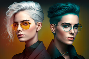 Portrait of two young, stylish and creative women couple with vibrant hair dye, proudly embracing their unique style. Breaking societal beauty standards and express themselves freely. Generative AI.