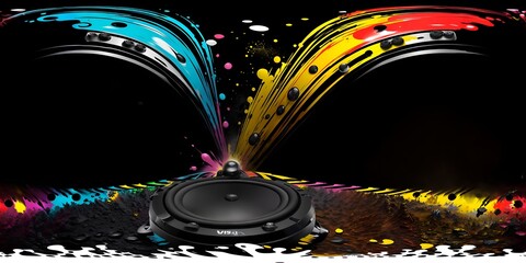 A speaker with colorful paint splatters on a black background