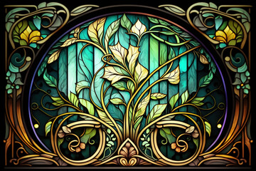 Art nouveau style stained glass window with vines and plants.  Generative AI