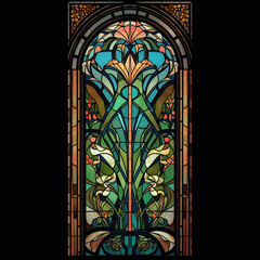 Art nouveau style stained glass window with vines and plants.  Genertive AI