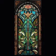 Papier Peint photo Lavable Coloré Art nouveau style stained glass window with vines and plants.  Genertive AI