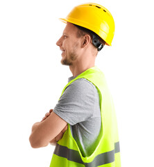 Male worker in vest and hardhat on white background