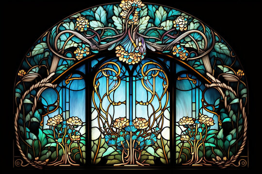 Art nouveau style stained glass window with vines and plants.  Generative AI.