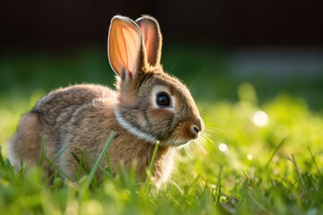 a brown bunny in the morning grass. Generative AI
