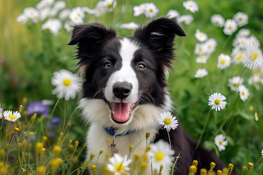 Cute border collie puppy smiling in an outdoor photograph against a background of flowers and grass. Little dog, a new charming addition to the family, waiting for reward. Animal humor and pet care co