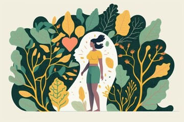 Psychology concept of self love, care and development. Woman growing, developing mental health, creating positive environment. illustration.  Generative ai
