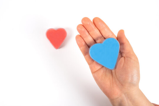 Heart in the hand, isolated on white background. Red and blue heart. Valentine, healthcare and love concept. Top view
