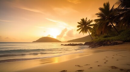 Fototapeta na wymiar Tropical vacation sunset on the beach. Ocean sandy shore at dawn.