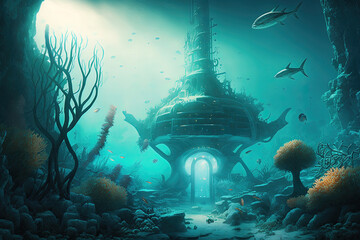 Fantasy underwater seascape with futuristic architecture. Generative - obrazy, fototapety, plakaty
