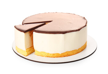 Delicious birds milk cake on white background