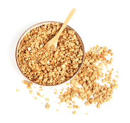 Bowl of tasty granola on white background