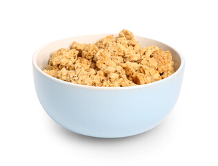 Bowl of tasty granola on white background