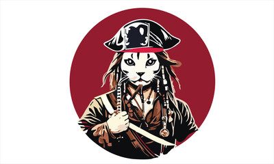 pirate cat dressed in pirate sea captain costume and hat vector illustration