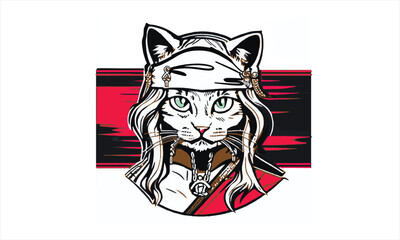 pirate cat dressed in pirate sea captain costume and hat vector illustration