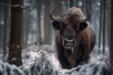 European bison Bison bonasus in the Knyszyn Forest (Poland) (Poland). Generative AI