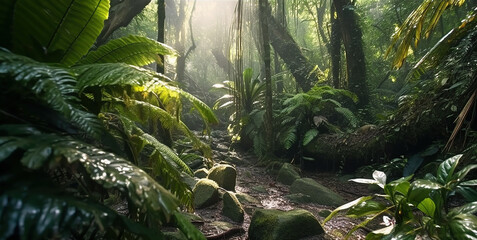 Misty tropical jungle or rainforest with ferns and fallen trees.  Generative AI.. - obrazy, fototapety, plakaty