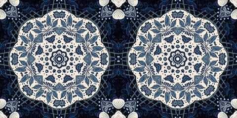 Retro indigo floral bandana 2 tone patterned fabric border background. Seamless boho denim blue banner edge design. Fashion masculine endless edging trim . 